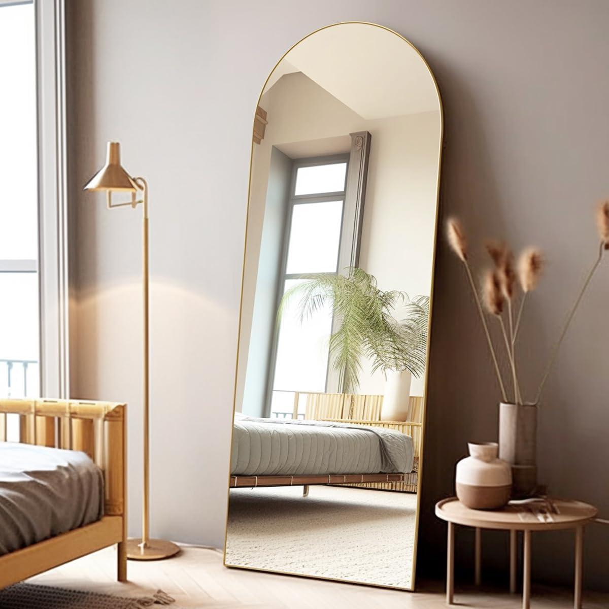 Antok Arched Full Length Mirror, 58"x18" Floor Mirror Freestanding, Floor Standing Mirror Full Body Mirror with Stand for Bedroom, Hanging Mounted Mirror for Living Room Cloakroom,Gold