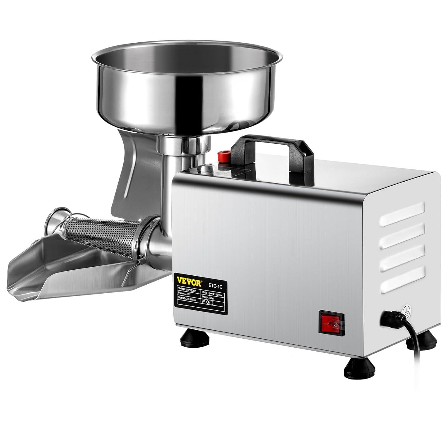 Stellweilan Tessberg 110V Electric Tomato Strainer 370W Commercial Grade Tomato Milling Machine Stainless Steel Tomato Press and Strainer 90-160 Kg/H Pure Copper Motor Food Strainer and Sauce Maker