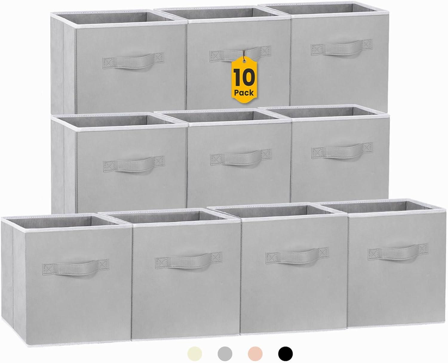 Grey Fabric Collapsible Storage Bins with Handles, 11 Inch, 10 Pack