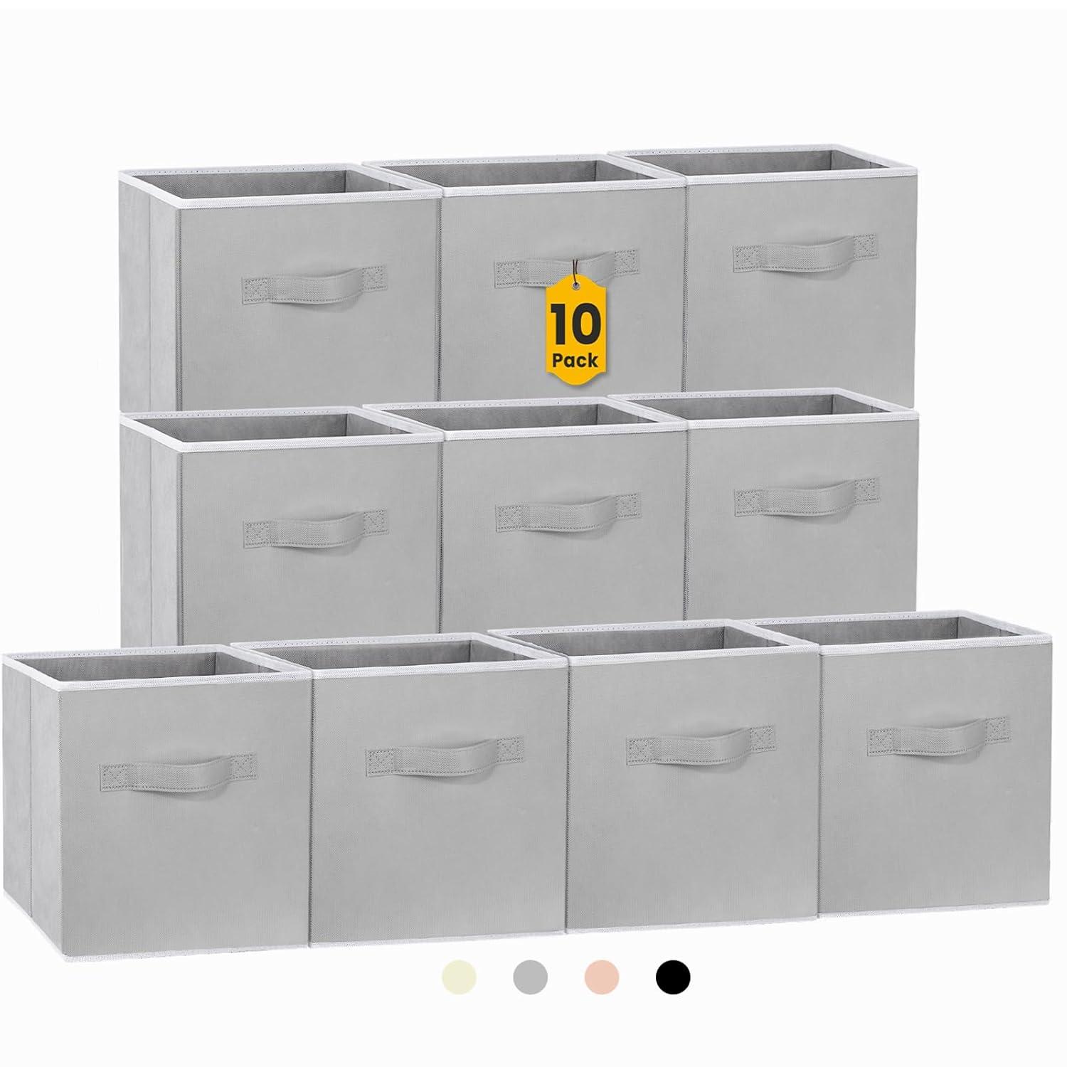 11 Inch Fabric Storage Cubes with Dual Handles, Collapsible Cube Bins for Shelves (10 Pack), Foldable Baskets for Clothes, Closet Organizers and Storage Box (Grey)