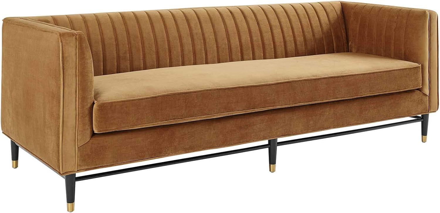 Cognac Velvet Tufted Reception Sofa with Gold Accents