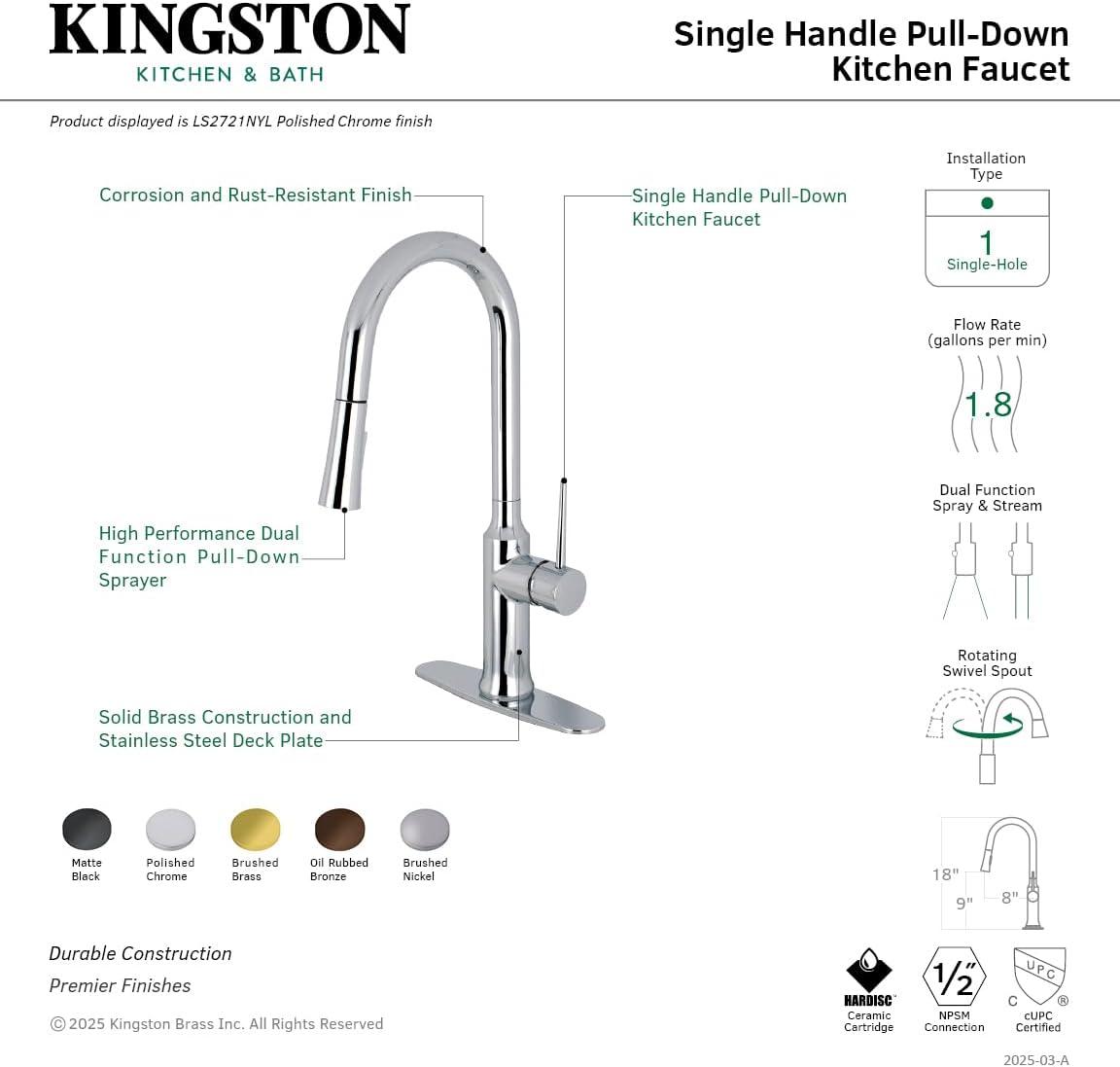 Kingston Brass LS2723NYL Kingston Brass New York Single-Handle Pull-Down Kitchen Faucet
