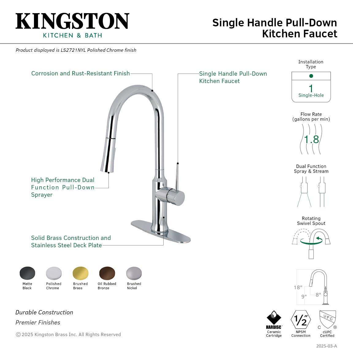Kingston Brass New York Single-Handle Pull-Down Kitchen Faucet