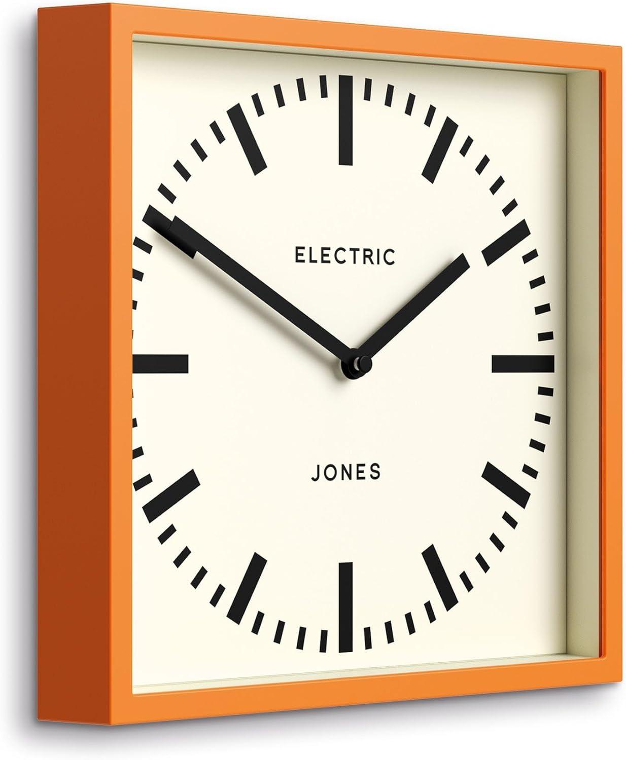 JONES CLOCKS® Box Railway Wall Clock | Square Station Clock | 10 inch | Cool Designer Look for Kitchen, Living Room or Office (Orange)
