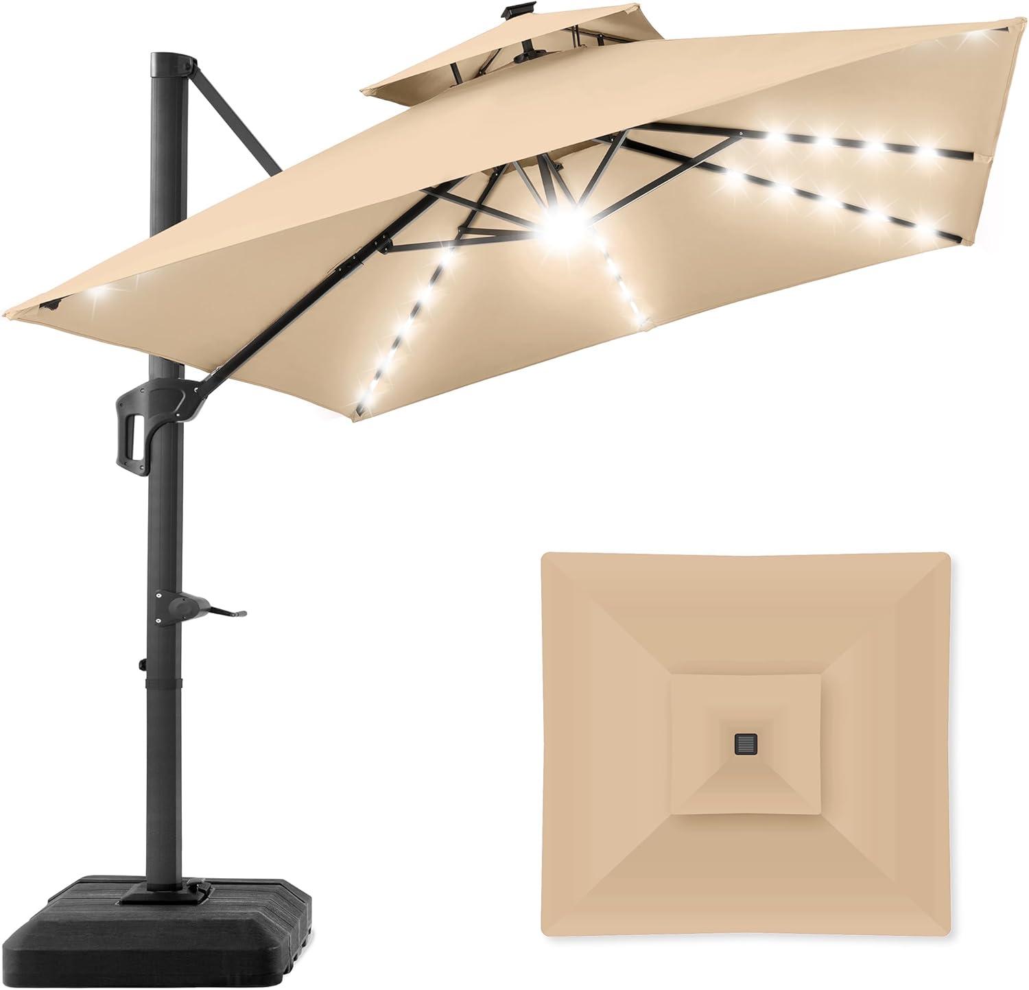 Best Choice Products 10x10ft 2-Tier Square Outdoor Solar LED Cantilever Patio Umbrella w/ Base Included - Sand