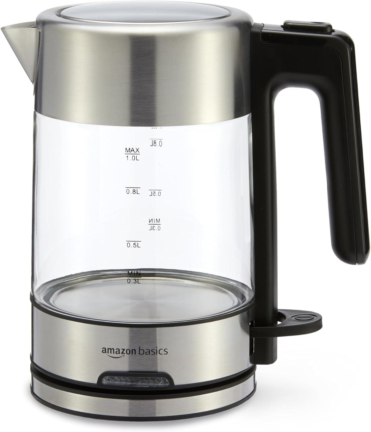 1.0L Black and Silver Glass Electric Kettle with Auto Shut-Off