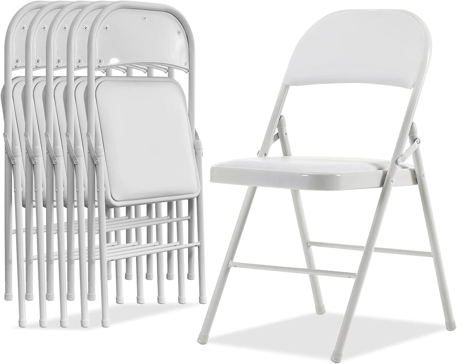 White Folding Chairs with Padded Seats and Steel Frame - Set of 6