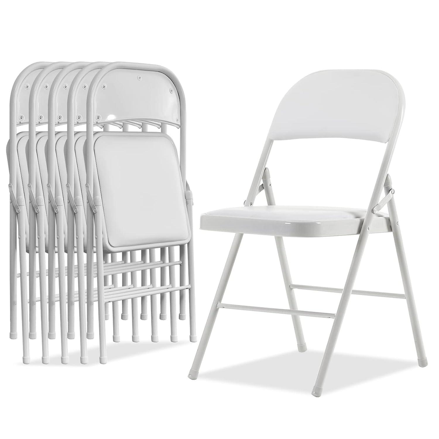 Folding Chairs with Padded Cushion and Back, 6pcs Potable Iron & PVC Durable Chairs for Indoor and Outdoor, School, Office and Garden Party, White