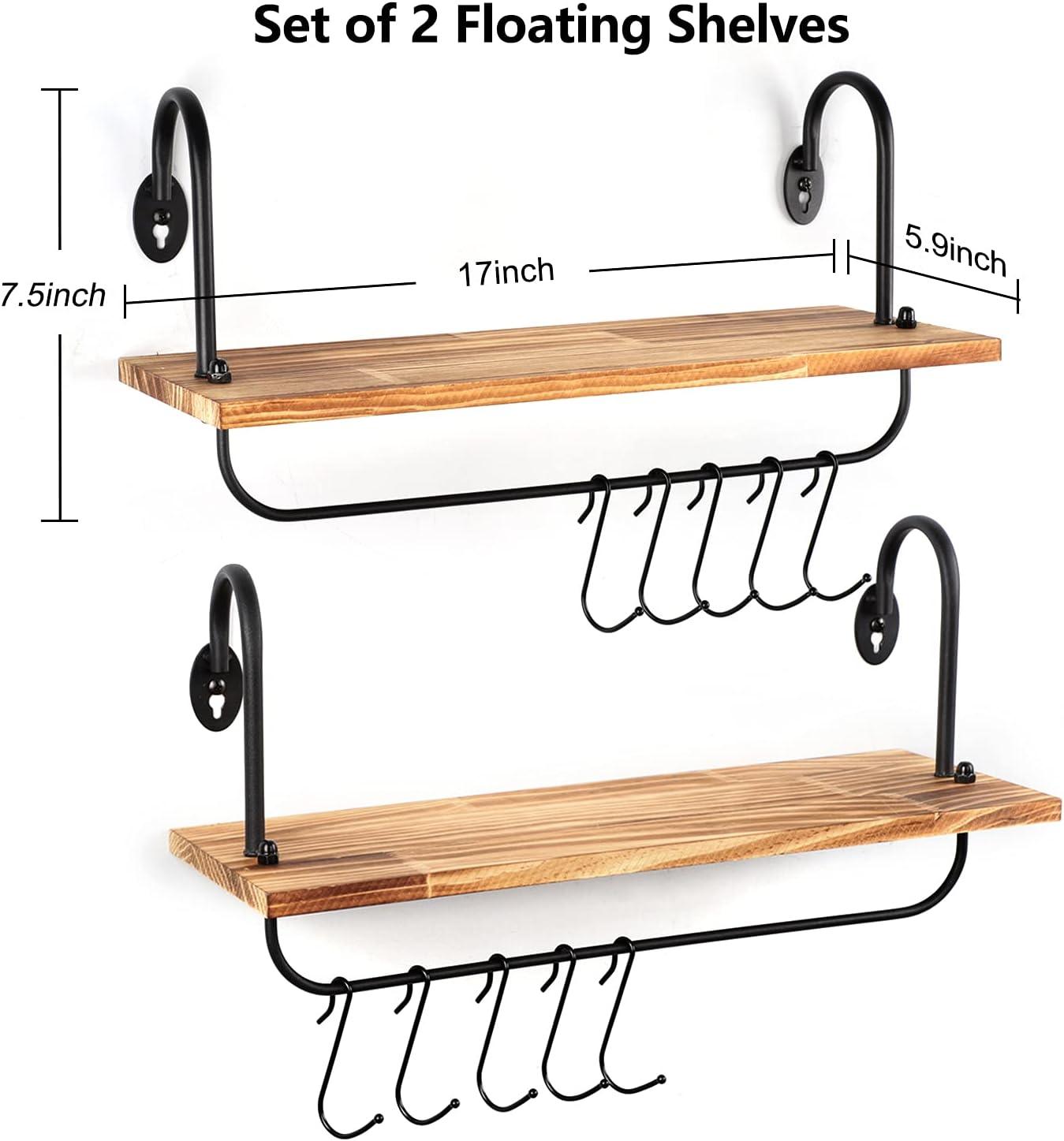 Carbonized Black Wood Floating Kitchen Shelves with Hooks