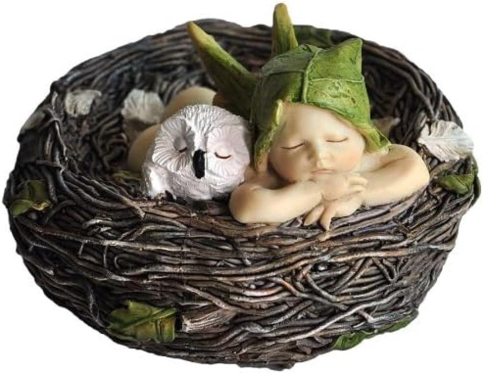Top Collection 4202 Sleeping Fairy Baby with Owl in Nest Figurines, White, Brown, Cream, Green