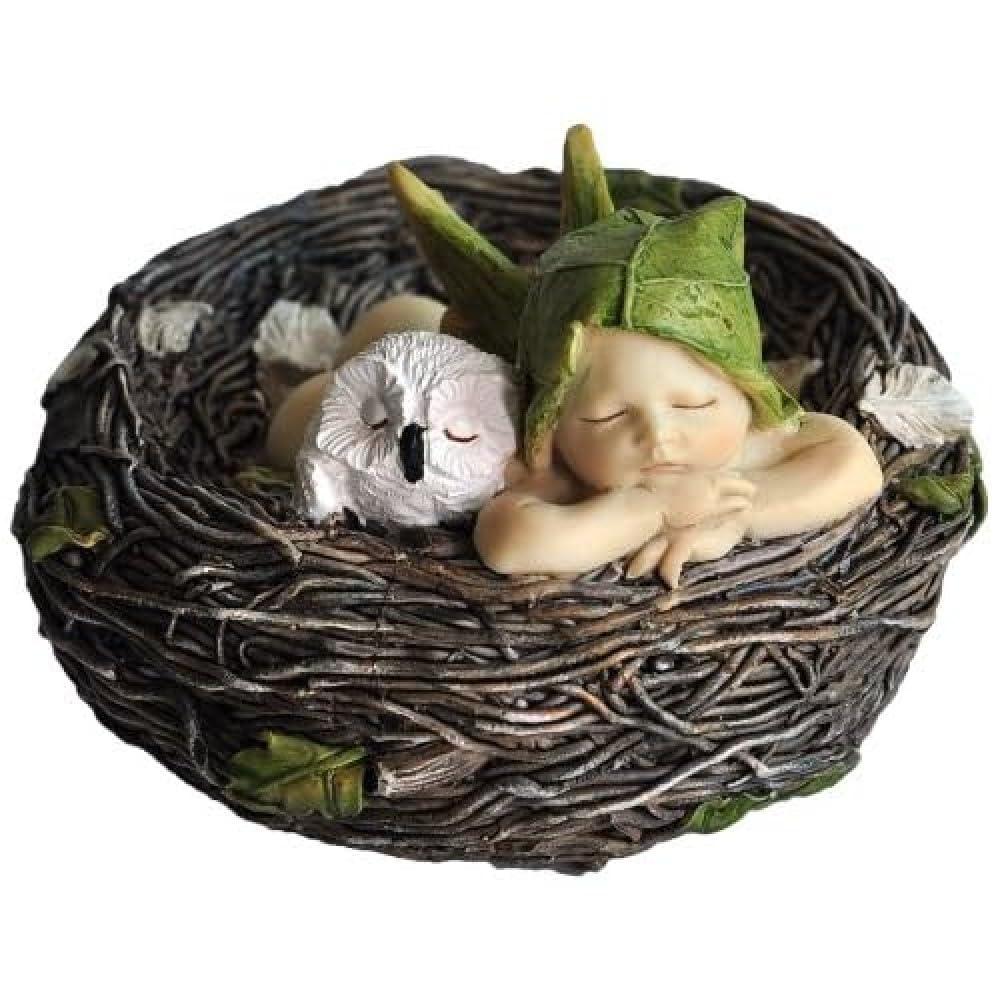 Top Collection 4202 Sleeping Fairy Baby with Owl in Nest Figurines, White, Brown, Cream, Green