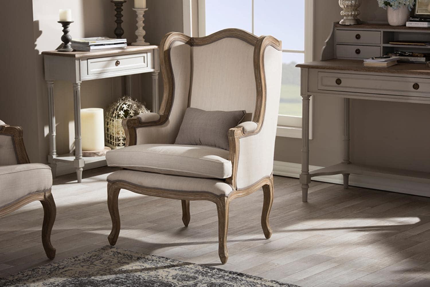 Majestic Beige Wingback Handcrafted Wood Accent Chair