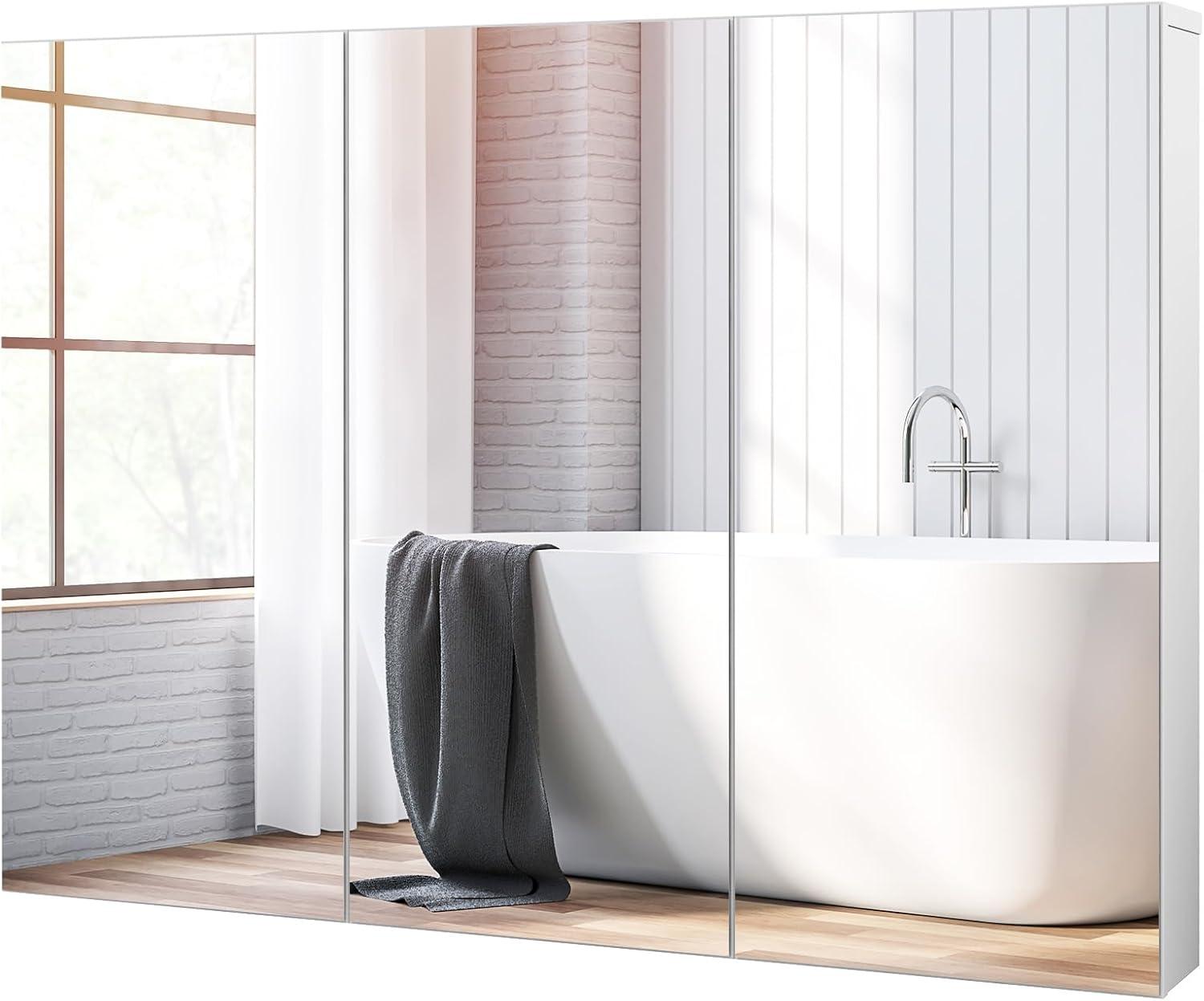 Tangkula Mirrored Medicine Cabinet, Large Wide Wall Mounted Storage Cabinet with 3 Mirror Doors & Adjustable Shelf, Hanging Bathroom Organizer, White, 36 x 4.5 x 25.5 Inches