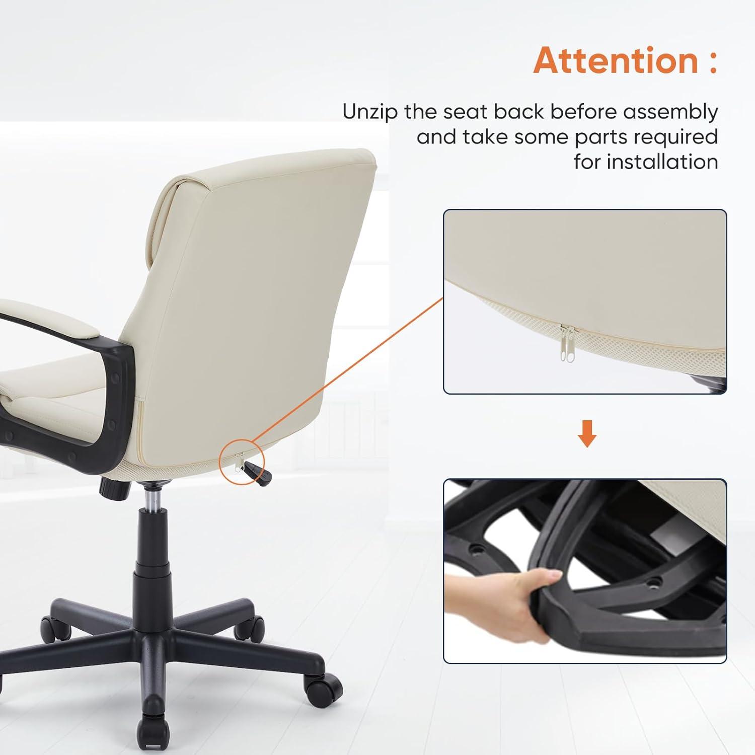 Executive Office Chair with Padded Armrests Adjustable Height, 360-Degree Swivel, Lumbar Support, PU Leather, Cream