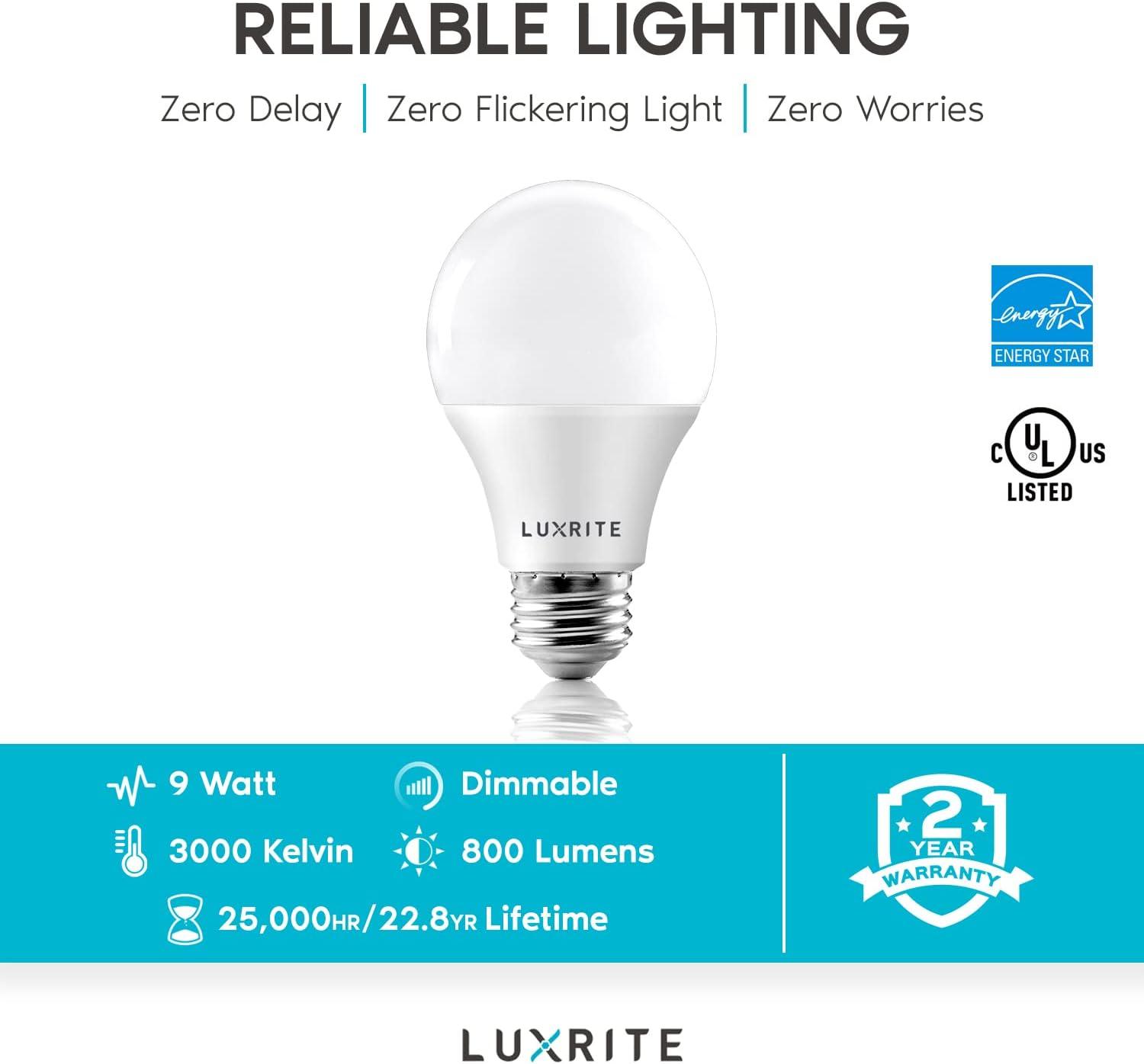 LUXRITE A19 LED Light Bulb 60W Equivalent, 3000K Soft White Dimmable, 800 Lumens, Standard LED Bulb 9W, E26 Base, Energy Star, Enclosed Fixture Rated, Perfect for Lamps and Home Lighting (4 Pack)