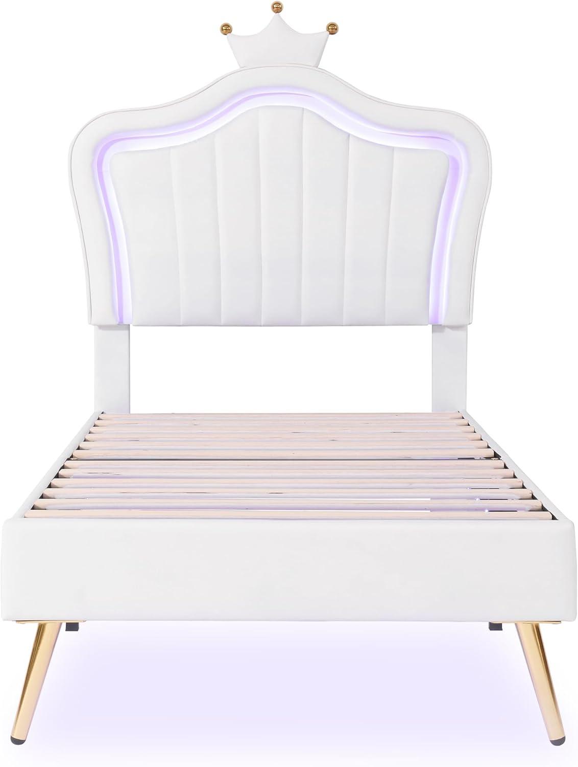 Upholstered Princess Platform Bed, Twin Size With Adjustable Crown Shaped Headboard and LED Lights, Kids Bedroom Furniture (White)
