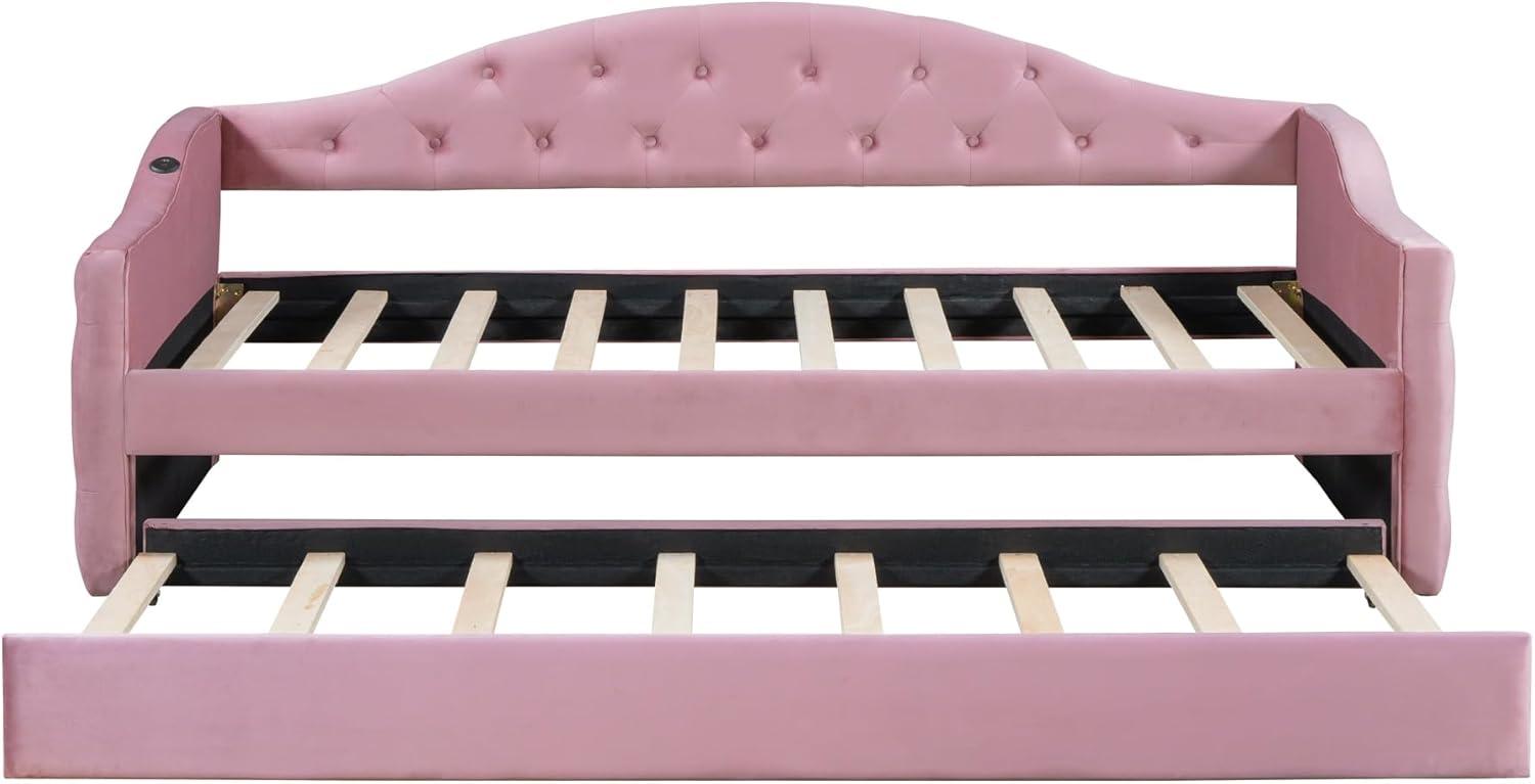 Twin Size Tufted Upholstered Daybed Bed Frame for Boys Girls Kids Adults Toddler with Trundle,Velvet Sofabed with USB&Type-C Charging Ports,No Box-Spring Needed, Pink