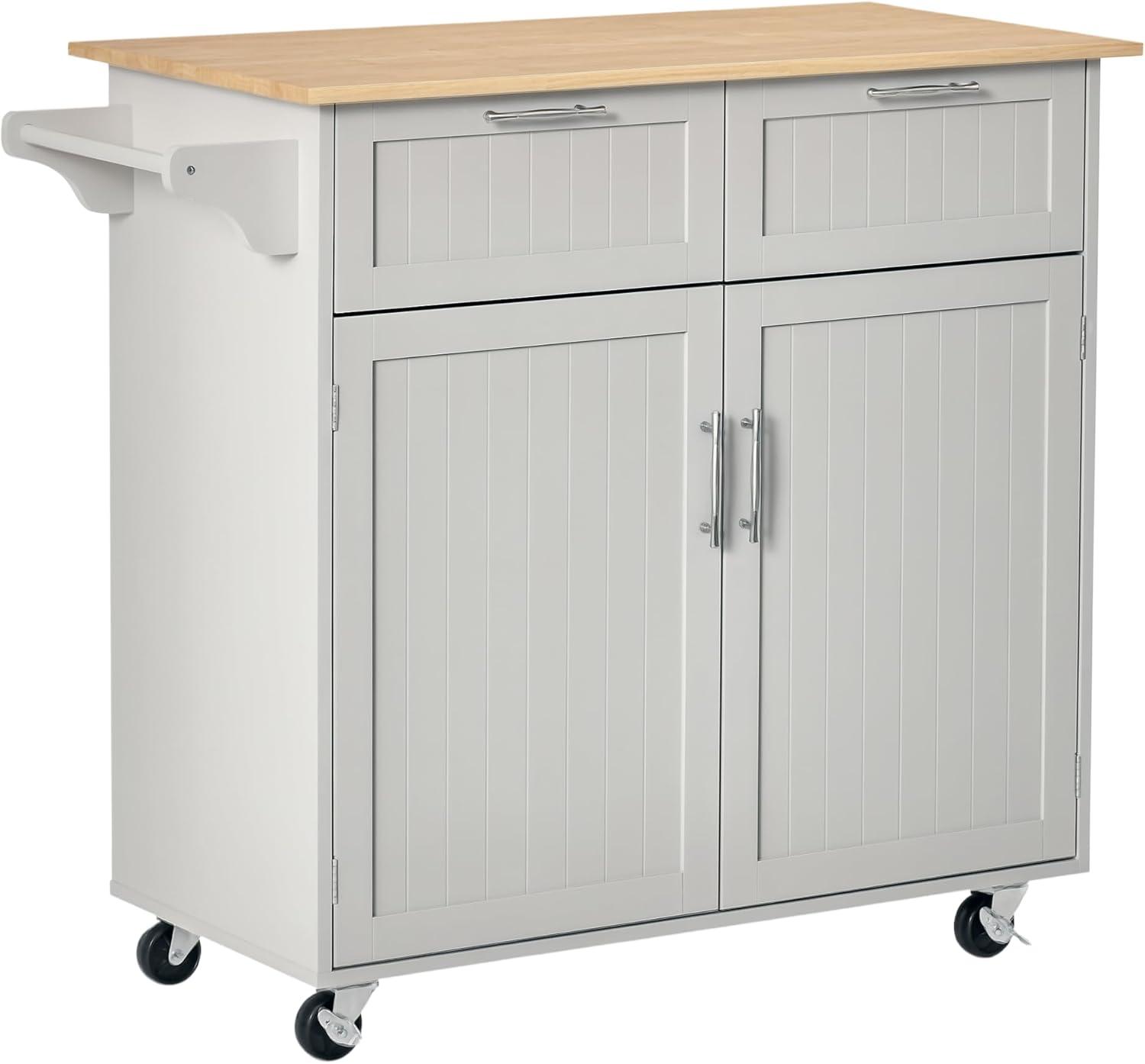 HOMCOM 41" Modern Rolling Kitchen Island on Wheels, Utility Cart Storage Trolley with Rubberwood Top & Drawers, Grey