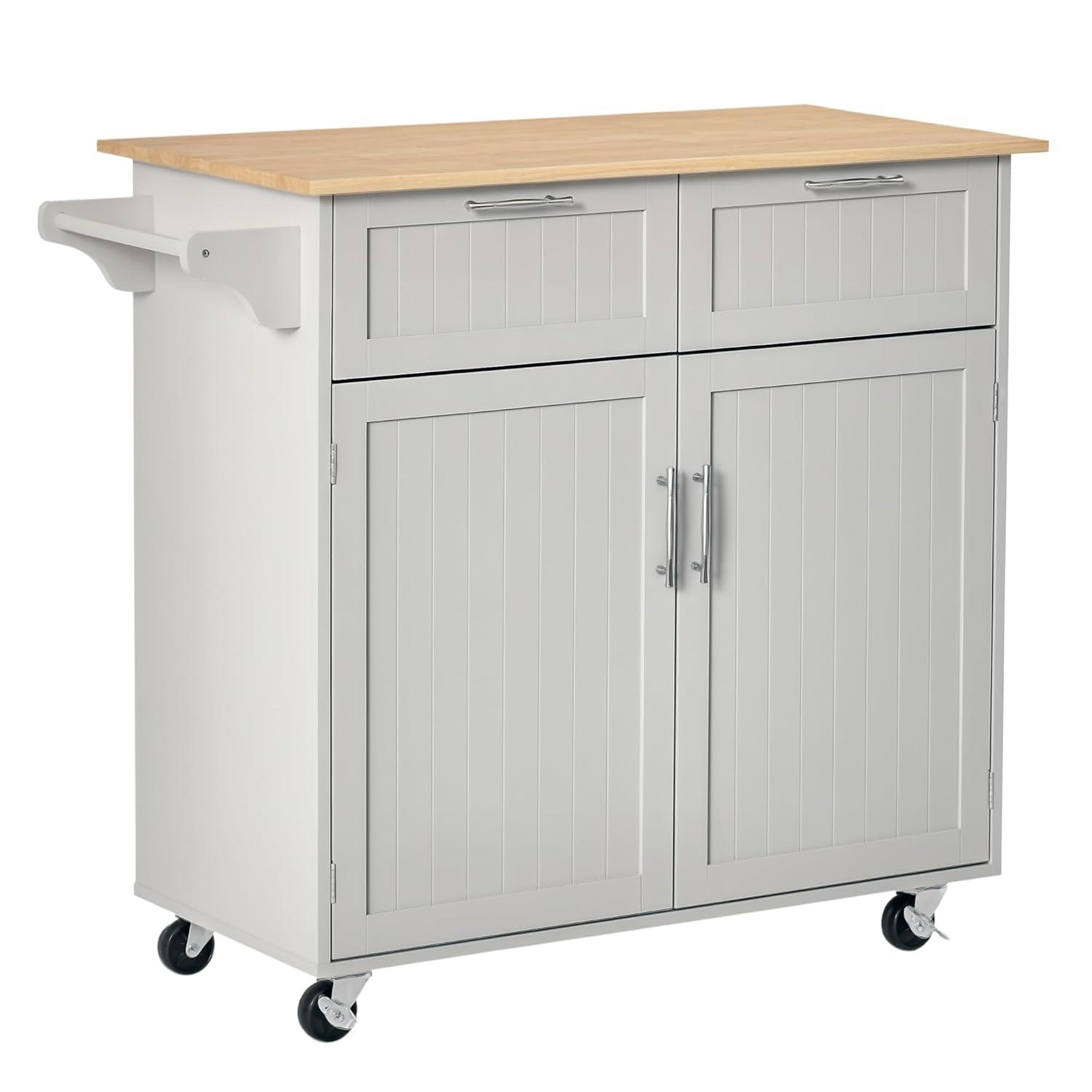 HOMCOM 41" Modern Rolling Kitchen Island on Wheels, Utility Cart Storage Trolley with Rubberwood Top & Drawers, Grey