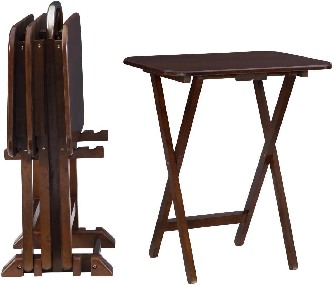Linon Burke Wood 5 Piece Oversized Tray Table Set Chrome Handle in Dark Cherry