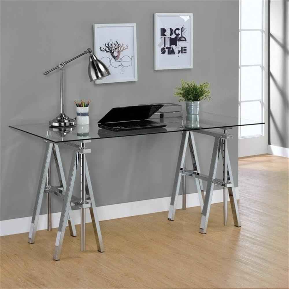 Statham Glass Top Adjustable Sawhorse Standing Desk Chrome - Coaster: Industrial Style, Manual Height Adjustability