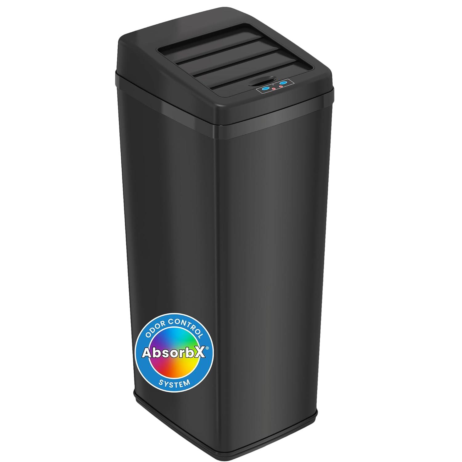 iTouchless Sliding Lid Sensor Kitchen Trash Can with AbsorbX Odor Filter 14 Gallon Black Stainless Steel