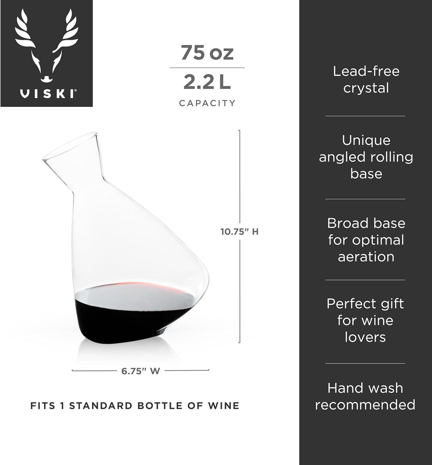 Viski Rolling Wine Decanter Set of 1 - Modern Crystal Wine Decanter for Red or White Wine, Stunning Gift - 75 oz, Clear Finish