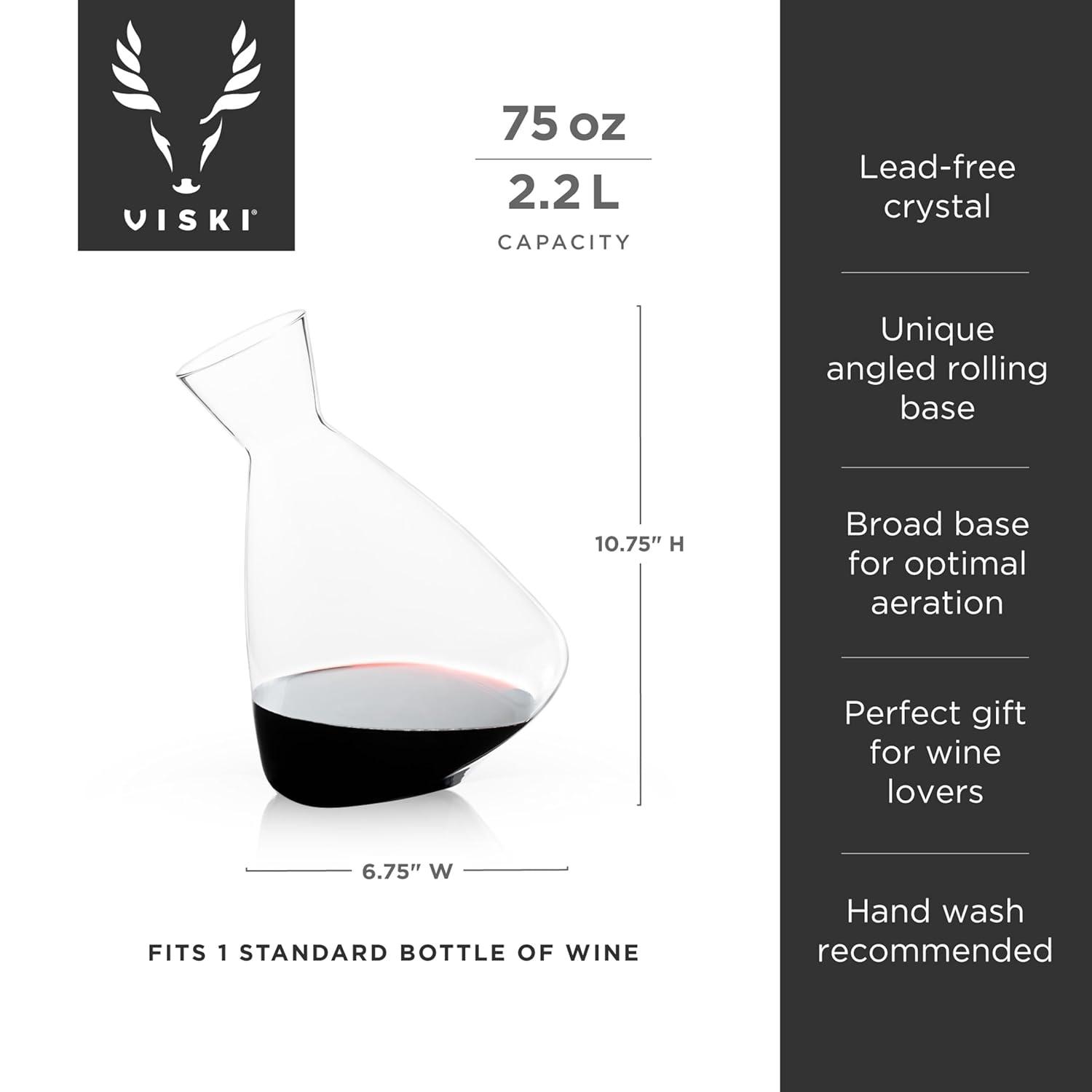 Viski Rolling Wine Decanter Set of 1 - Modern Crystal Wine Decanter for Red or White Wine, Stunning Gift - 75 oz, Clear Finish
