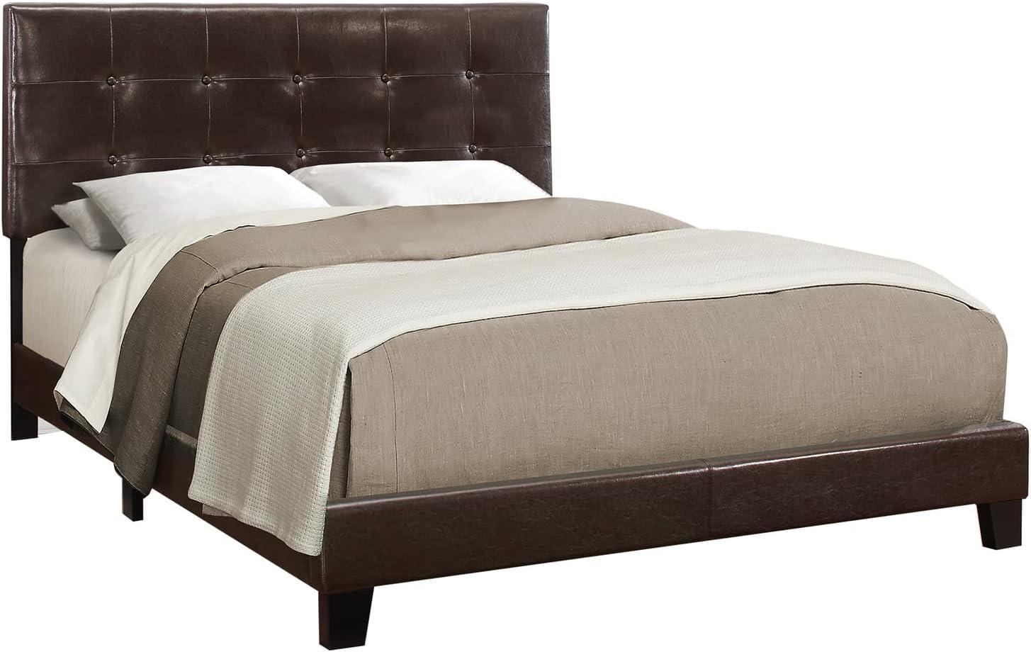 Monarch Specialties Bed Queen Size Platform Bedroom Frame Upholstered Pu Leather Look Wood Legs Brown Transitional