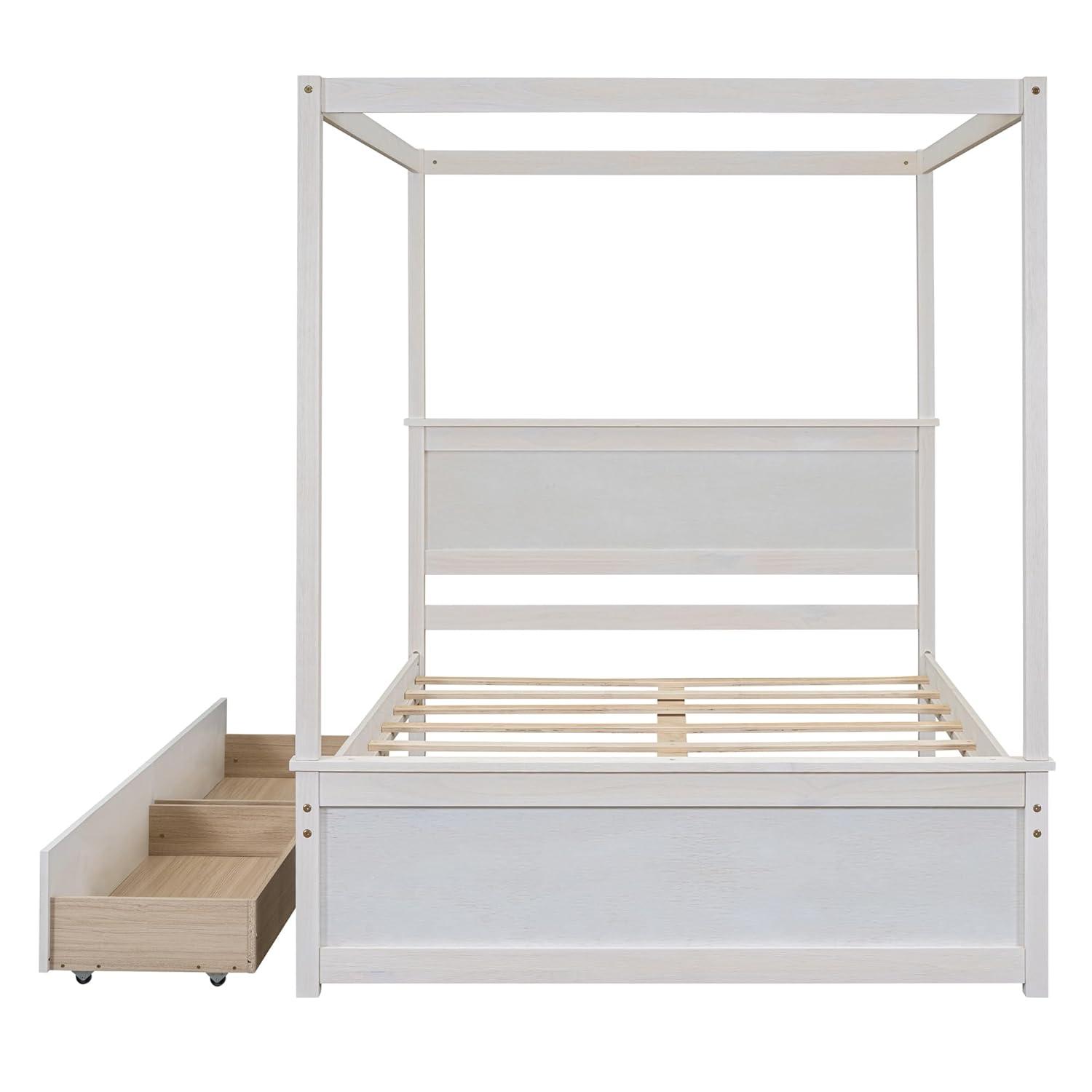CITYLIGHT Full Size Canopy Bed with 2 Storage Drawers, Wooden Canopy Platform Bed with Headboard, Four Post Bed (Brushed White)