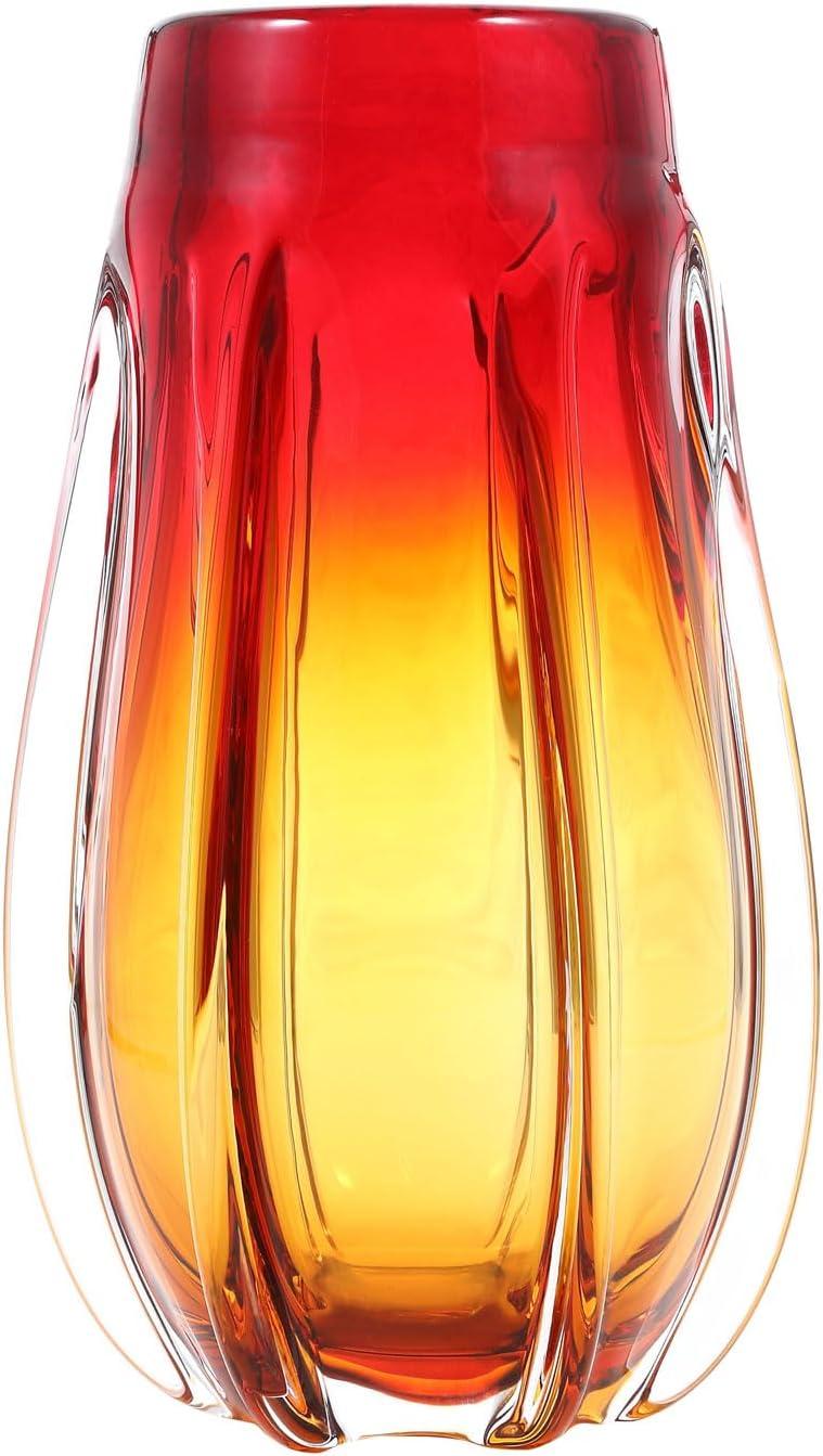 Luxury Lane Hand Blown Laine Art Glass Vase Gold & Red Ombre 10"H