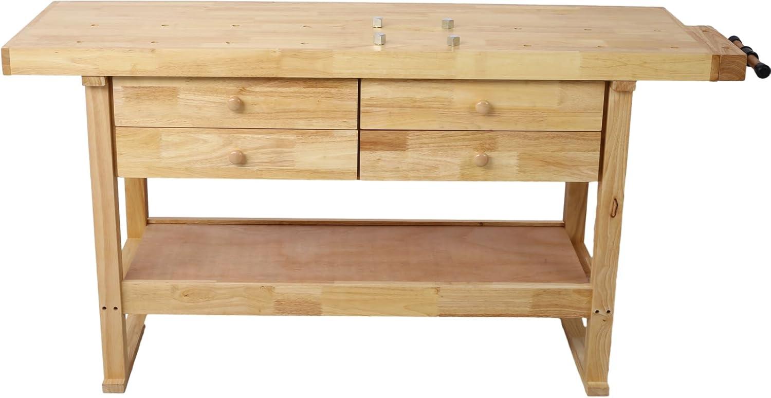 60" Solid Wood Workbench with 4 Drawers and Lower Shelf, Durable Rubberwood Wooden Workbench for Garage, Woodworking Carpenter Workshop and Home Natural Finish 330 lbs Capacity