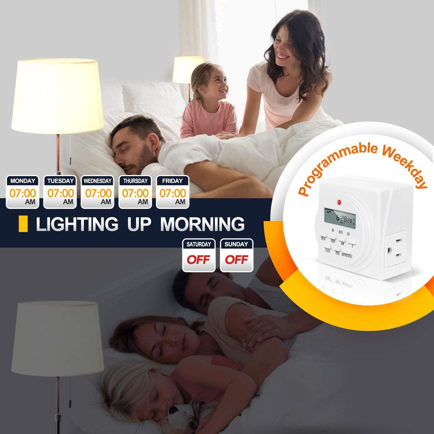 iPower Digital Programmable Timer, Heavy Duty Dual Outlet for Lights, 125VAC, 15A, 60 Hz, 1725W, ETL Listed, Indoor Dual Outlet Switch, Appliance, Pool Pump, White, 2 Pack