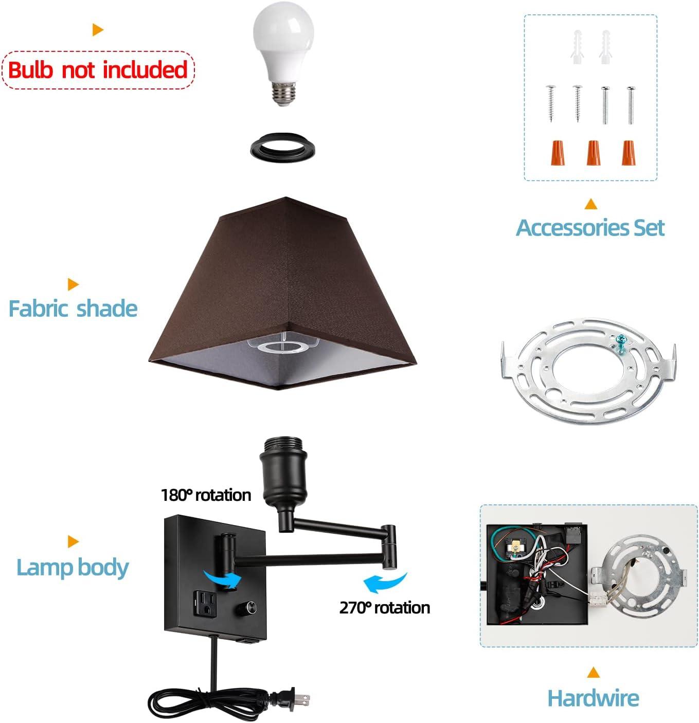 Black Swing Arm Wall Lamp with Fabric Shade and USB Port