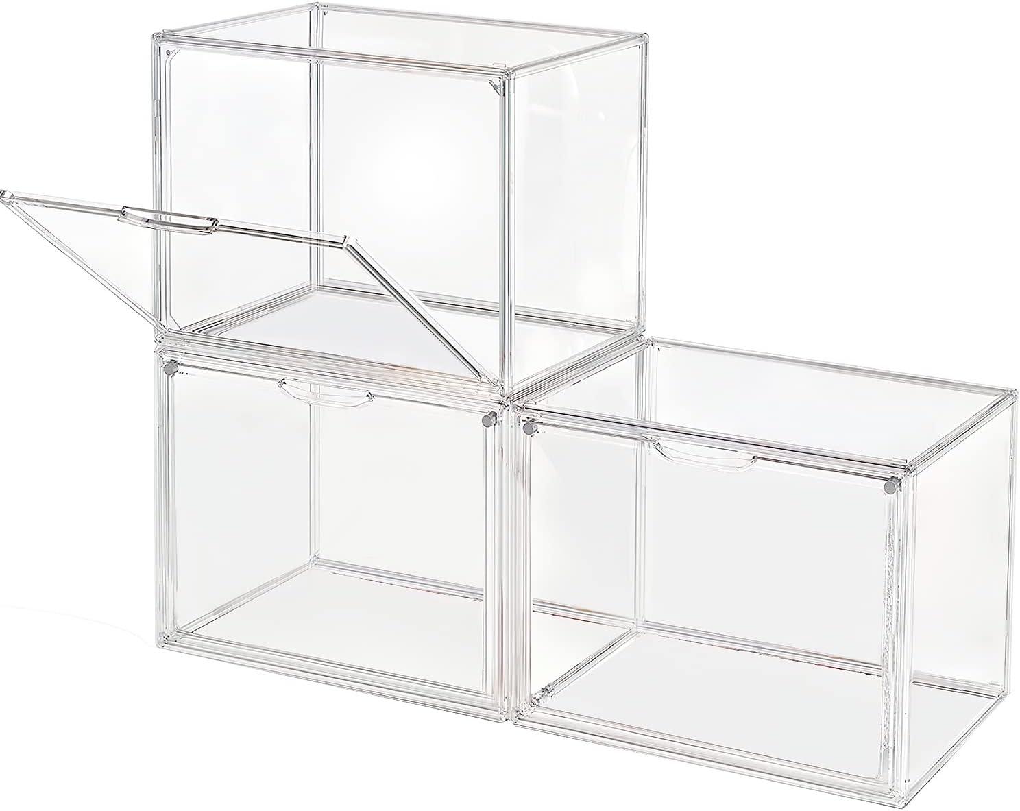 Clear Stackable Plastic Storage Bins with Magnetic Lid, Dustproof Book & Cosmetic Display Cases, Large Figures Collectibles Showcase, Shoe Box, Protection Organizer (Transparent, L-3 Pack)