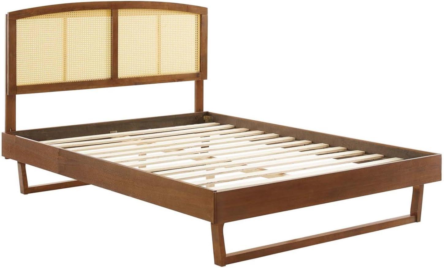 Modway Sierra Cane Rattan and Wood Queen Platform Bed with Angular Legs - Walnut