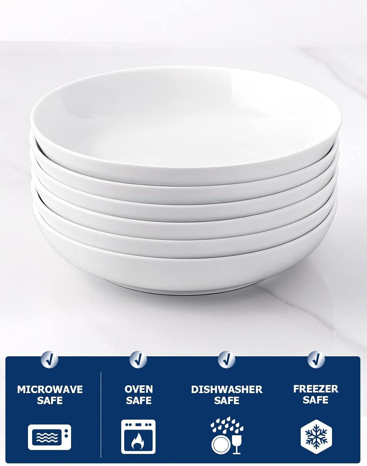 Classic White Porcelain 30oz Wide Shallow Pasta Bowls Set of 6