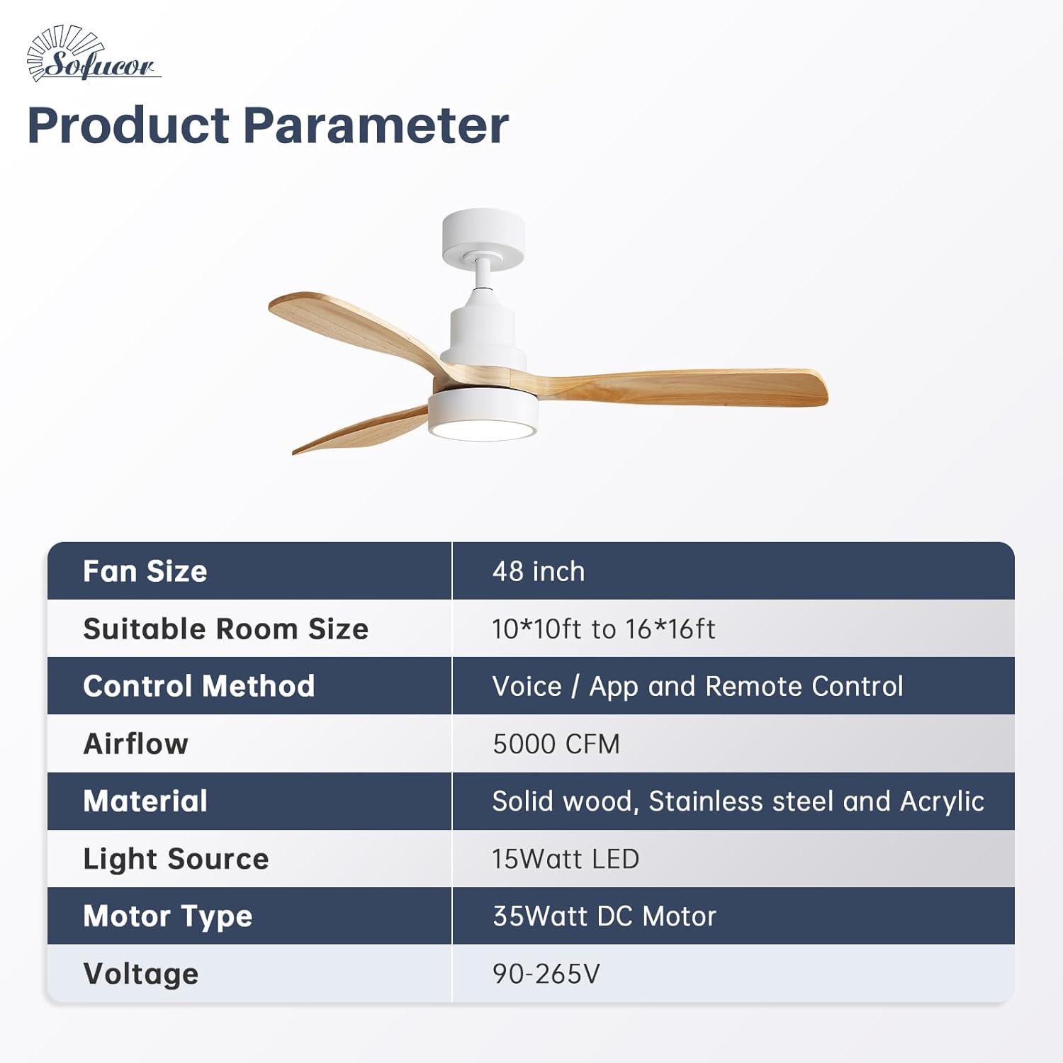 Sofucor 48" Wood Ceiling Fan with Light and Remote Control