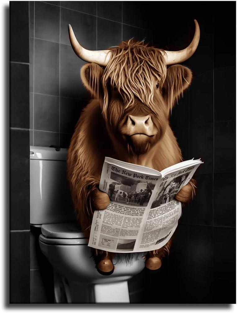 ZHONGYUTONG Funny Highland Cow Bathroom Decor Cow Sitting on Toilet Reading Newspaper Wall Art Cute Animal Poster Prints Farmhouse Toilet Canvas Artwork (12.00" x 18.00")