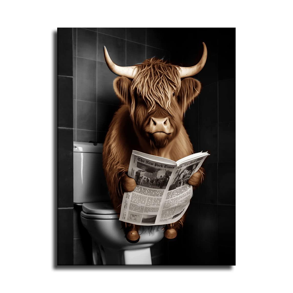 ZHONGYUTONG Funny Highland Cow Bathroom Decor Cow Sitting on Toilet Reading Newspaper Wall Art Cute Animal Poster Prints Farmhouse Toilet Canvas Artwork (12.00" x 18.00")