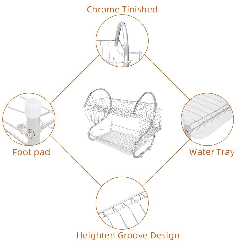 Silver 2-Tier Stainless Steel Dish Drying Rack with Utensil Cup