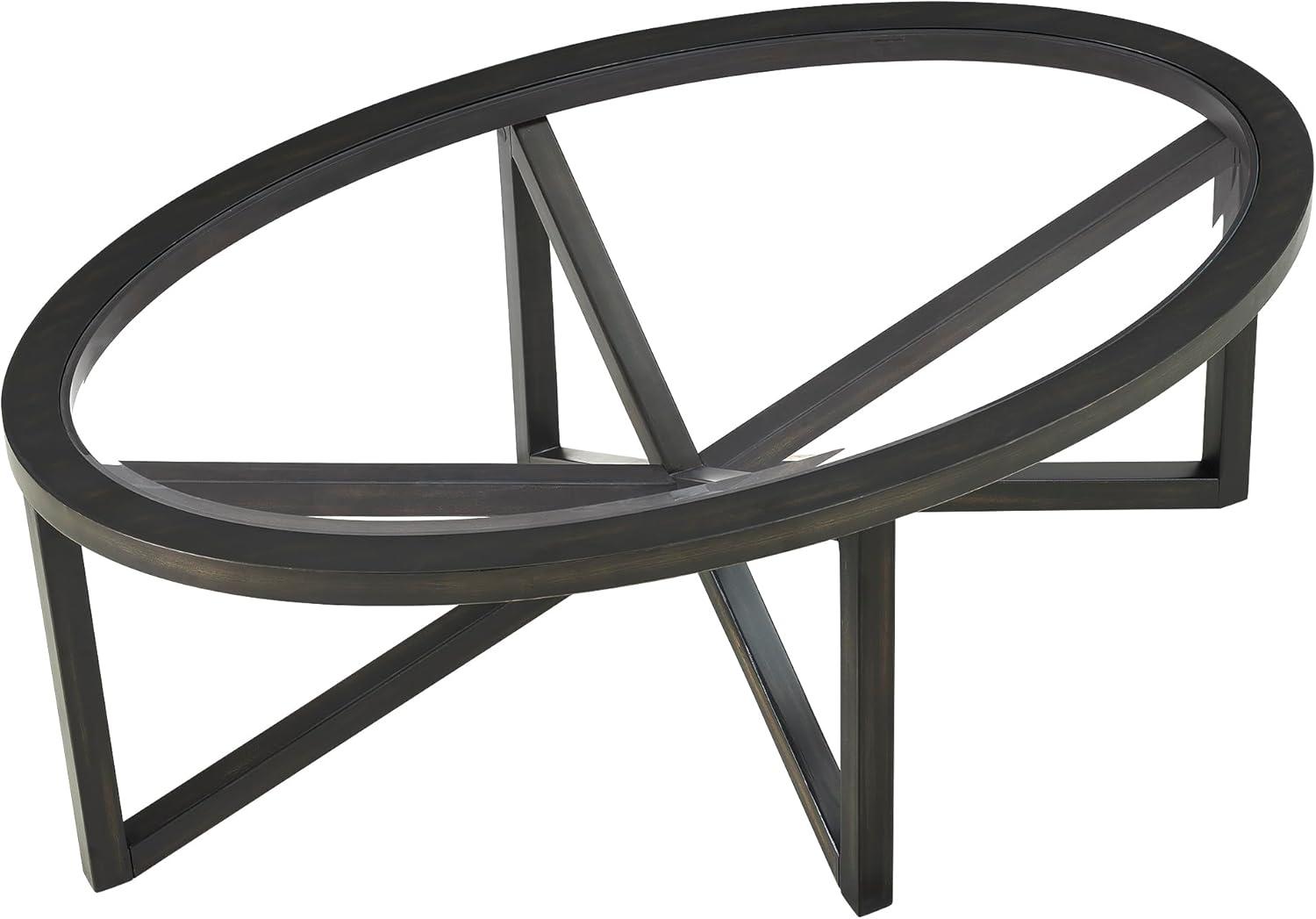 Black Oval Tempered Glass Coffee Table with Solid Wood Base