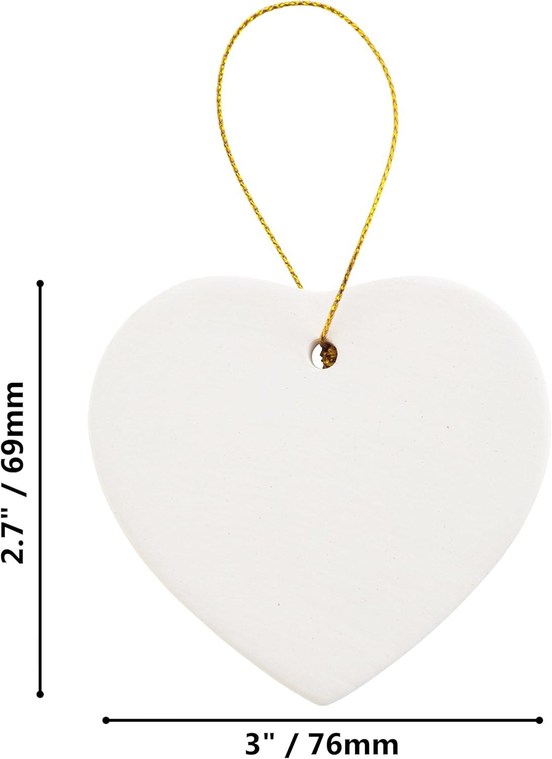 Ready to Paint DIY Porcelain Ceramic Heart Shape Ornaments with Hanger for Christmas Tree and Holiday Decoration | 12 Pack