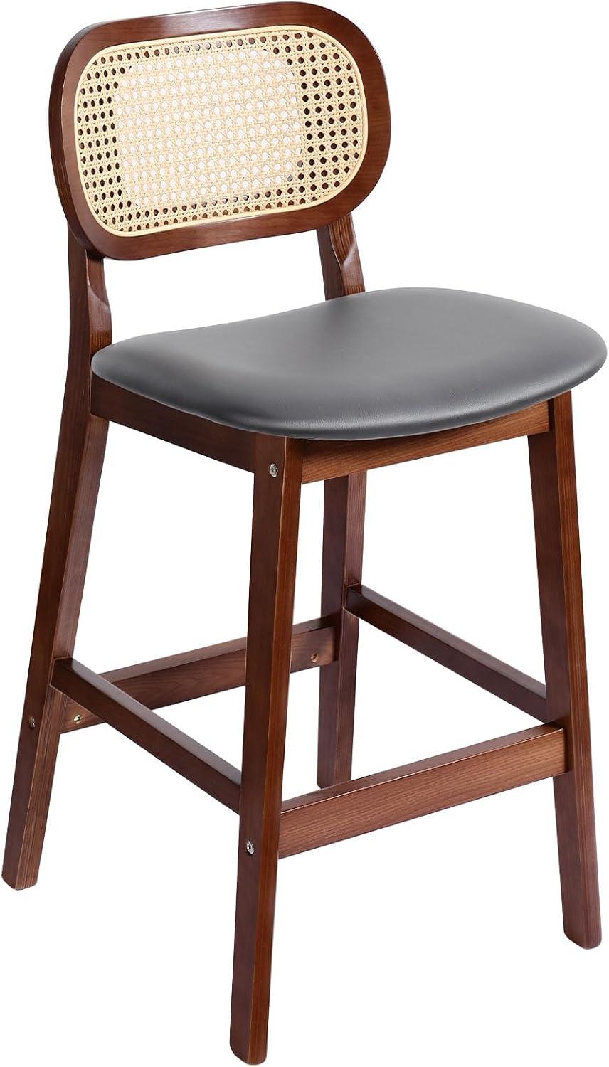 Lucky Monet Wood Upholstered Counter Height Bar Stools with Rattan Back - 36.81"H x 17.72"W x 18.7"D Set of 2 - White Faux Leather/ Brown Frame