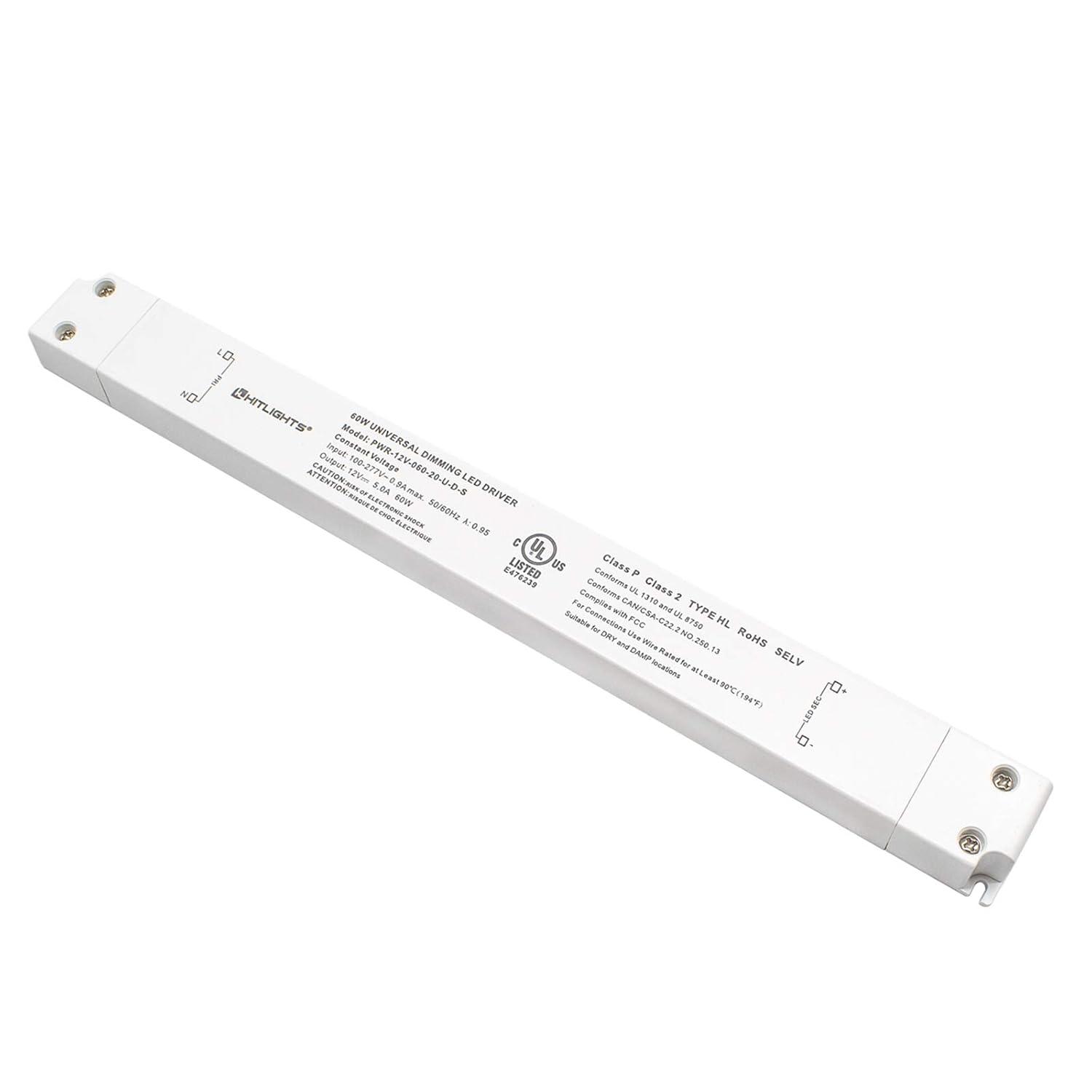 HitLights 60W Dimmable LED Driver Transformer, Power Supply 100-277V AC to 12V DC, 5A, Compatible with Lutron Leviton Dimmers, for LED Strip Lights, Constant Voltage LED Projects, UL-Listed,White
