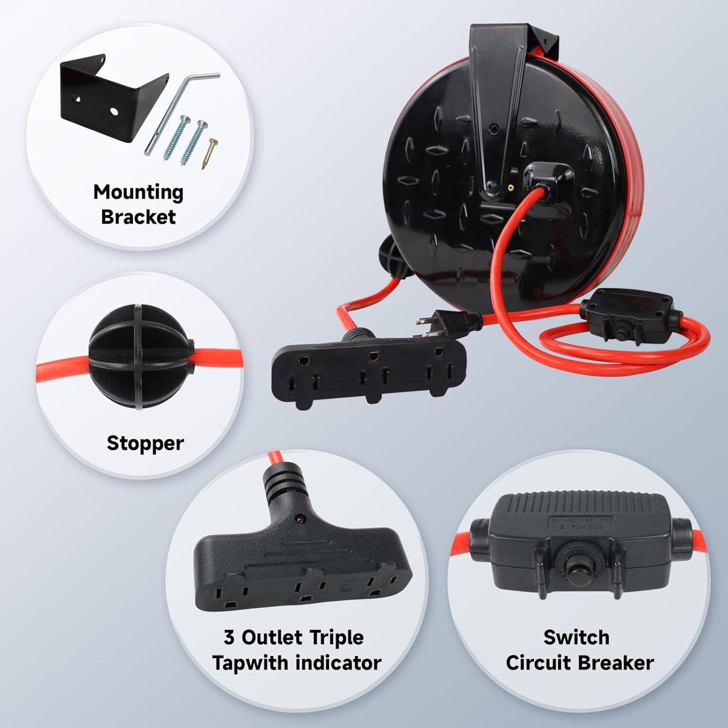 EP 30 Ft Retractable Extension Cord Reel, 16/3 SJTW Power Cord with 3 Electrical Outlets, Ceiling or Wall Mount, 10 Amp Circuit Breaker, Metal Plate, UL Listed, Red