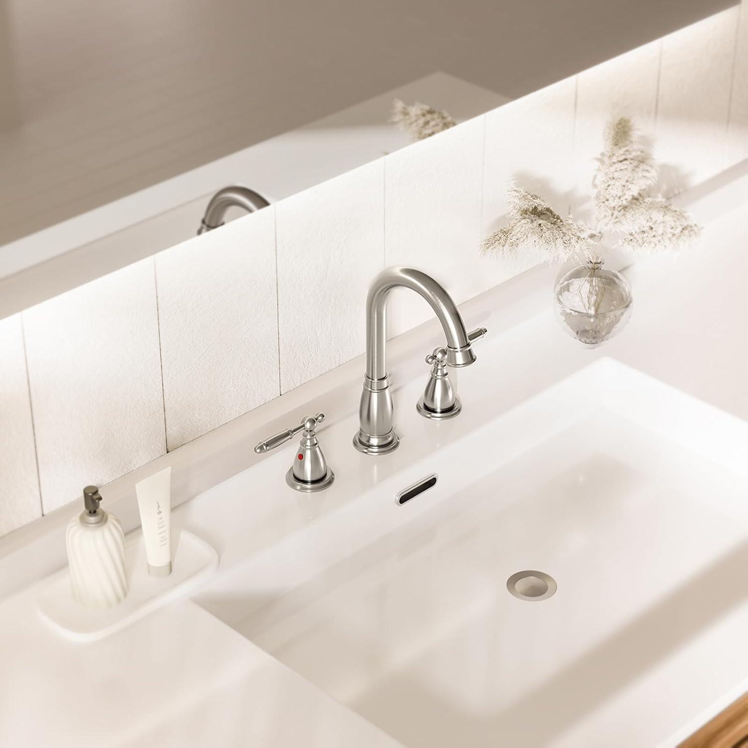 Phiestina 3-Hole 8 inch 2-Handle Brushed Nickel Widespread Bathroom Faucets with Valve and Metal Pop-Up Drain Assembly, WF017-4-BN