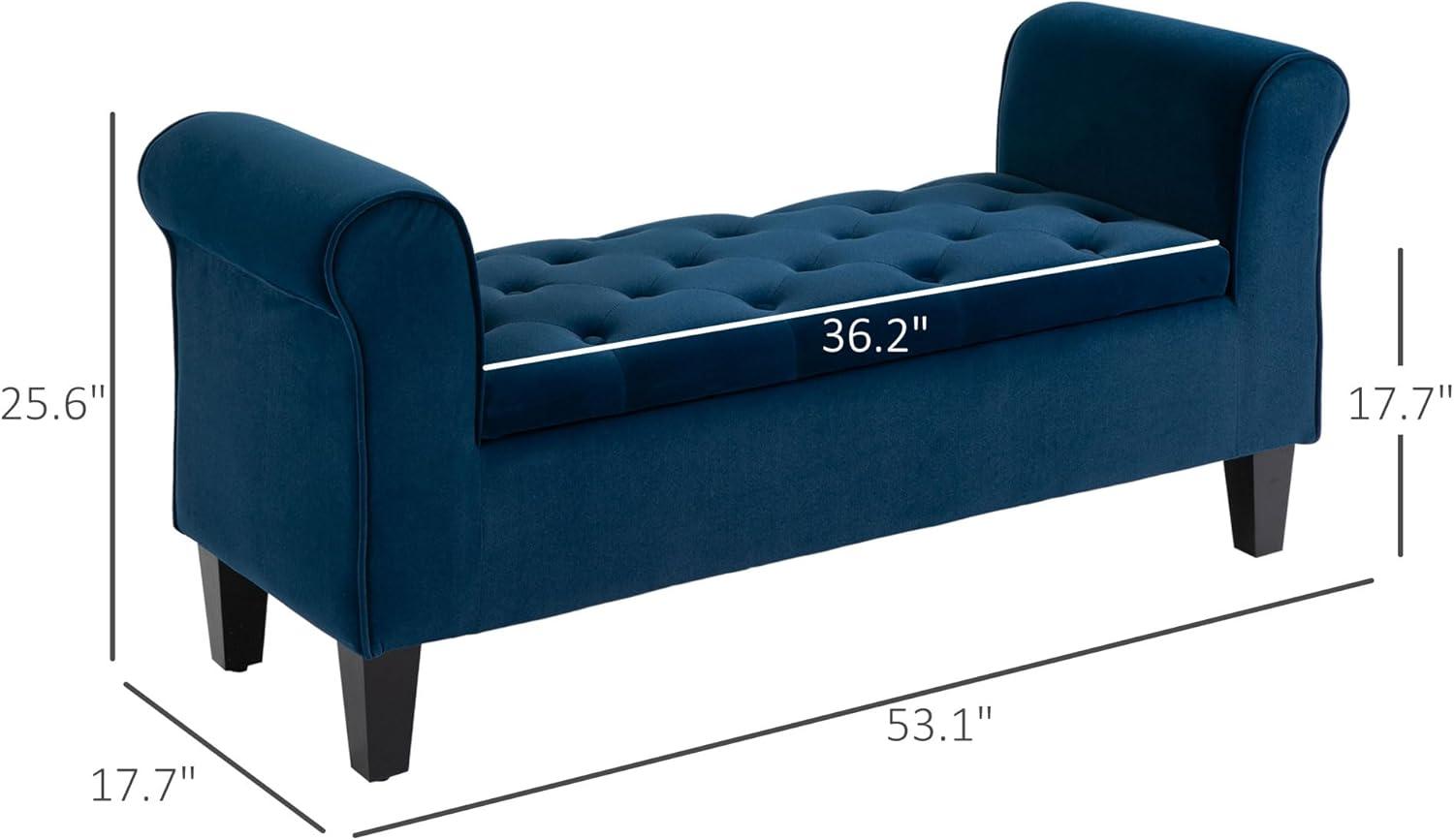 HOMCOM Button-Tufted Storage Ottoman Bench, Upholstered Bench with Rolled Armrests for Living Room or Hallway, Blue