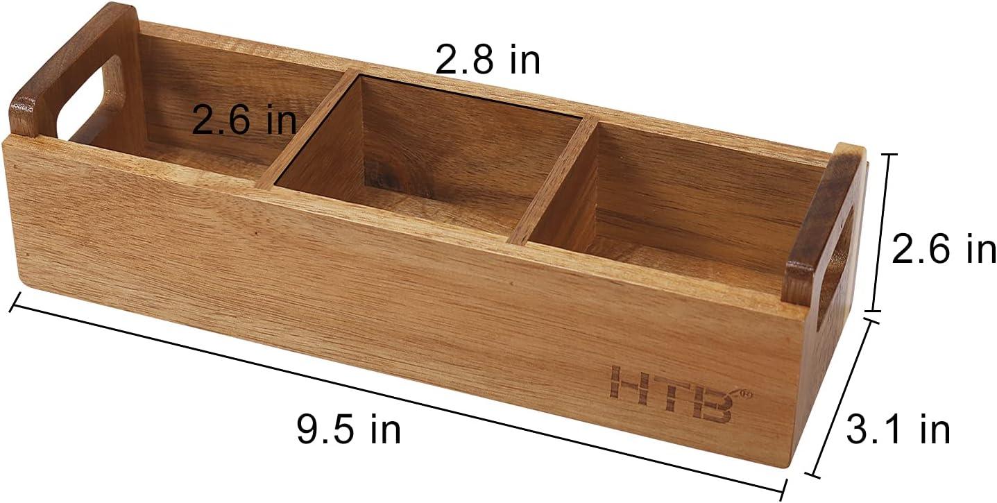 HTB Small Tea Bag Holder Pack of 2, Bamboo Tea Organizer 3 Compartments for Beverage Suppliers, Sweeteners, Individual Packets, Portable Tea Bag Organizer for Home Kitchen Counter or Office