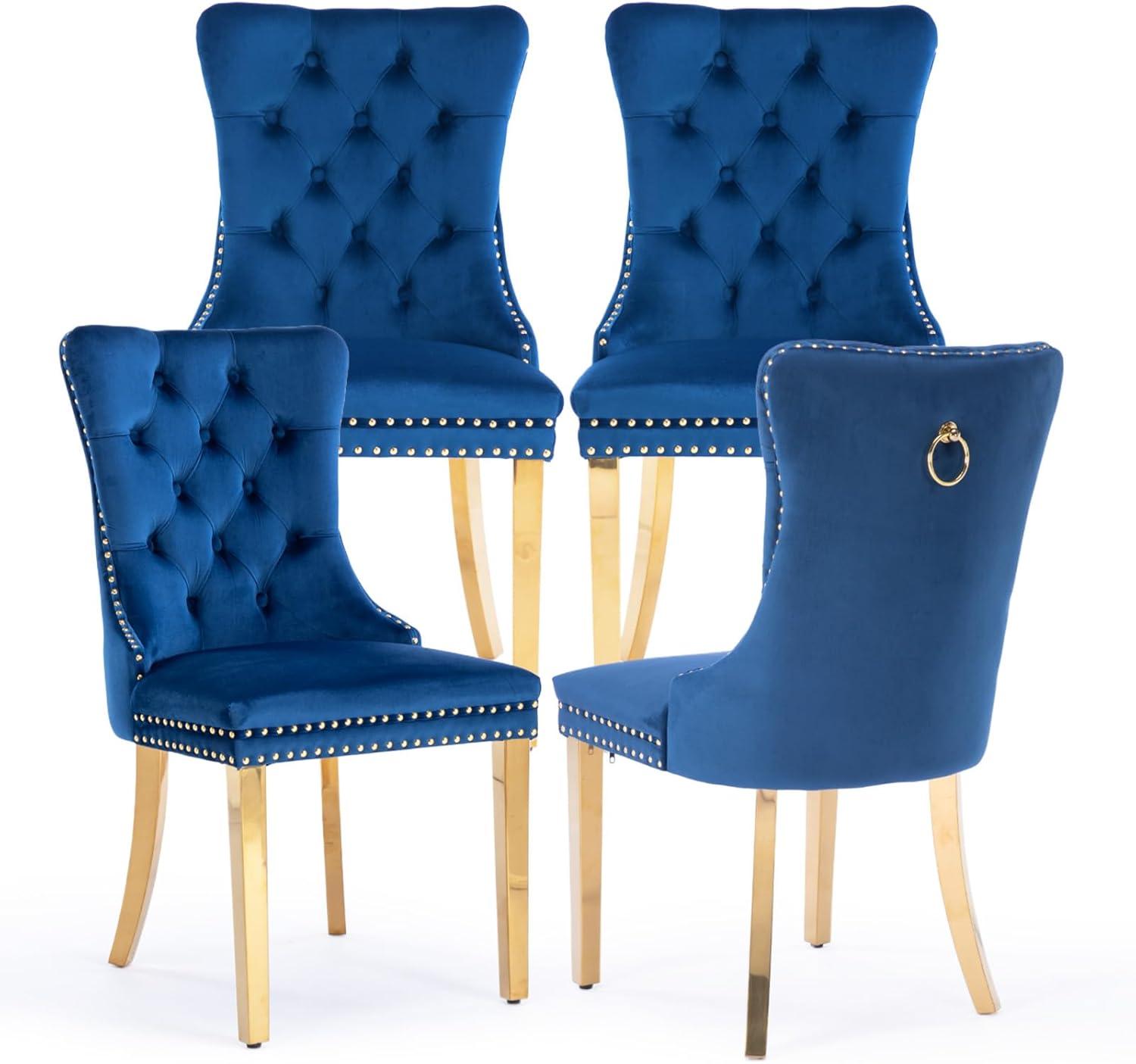 ODUSE-DAILY Velvet Dining Chairs Set of 4, Navy Kitchen & Dining Room Chairs, Tufted Dining Chairs, Fabric Upholstered, Solid Wood, Sillas De Comedor (Blue, 4 Pcs)